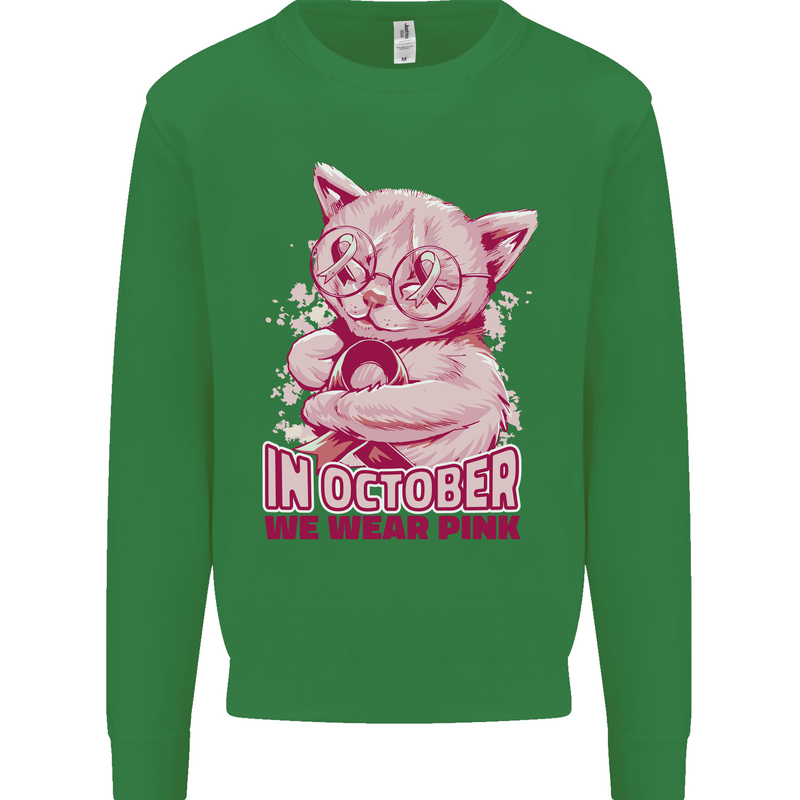Breast Cancer Awareness October Cat Mens Sweatshirt Jumper Irish Green
