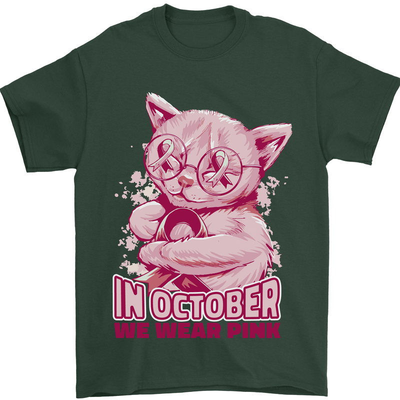 Breast Cancer Awareness October Cat Mens T-Shirt 100% Cotton Forest Green
