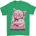 Breast Cancer Awareness October Cat Mens T-Shirt 100% Cotton Irish Green