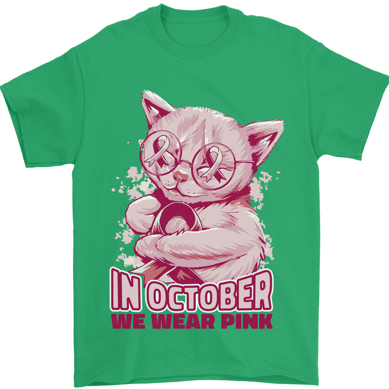Breast Cancer Awareness October Cat Mens T-Shirt 100% Cotton Irish Green
