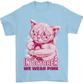 Breast Cancer Awareness October Cat Mens T-Shirt 100% Cotton Light Blue