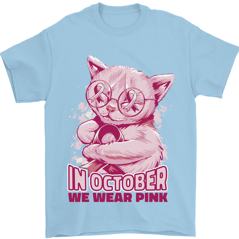 Breast Cancer Awareness October Cat Mens T-Shirt 100% Cotton Light Blue