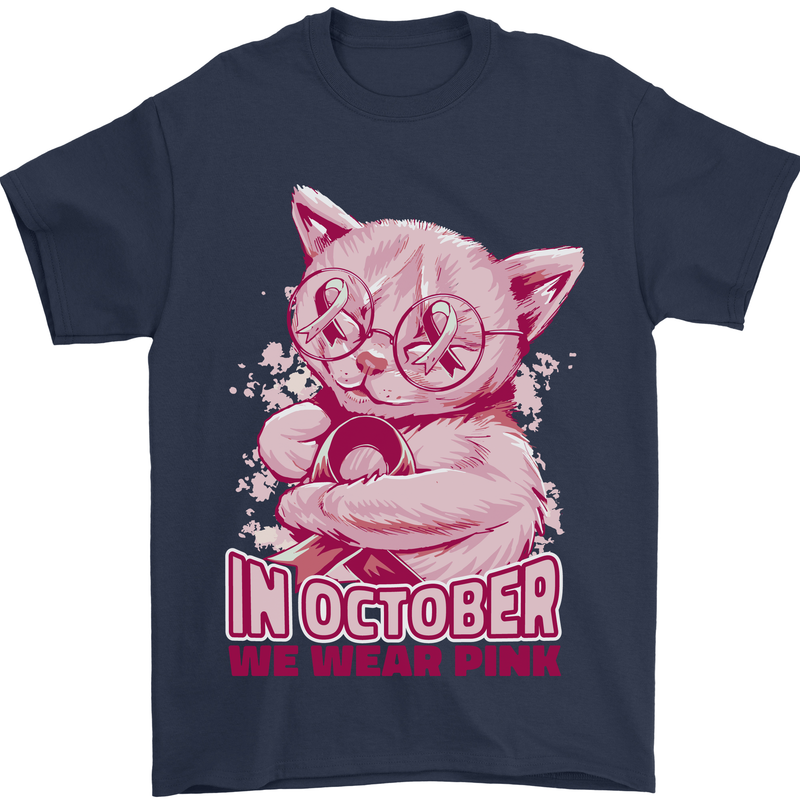 Breast Cancer Awareness October Cat Mens T-Shirt 100% Cotton Navy Blue