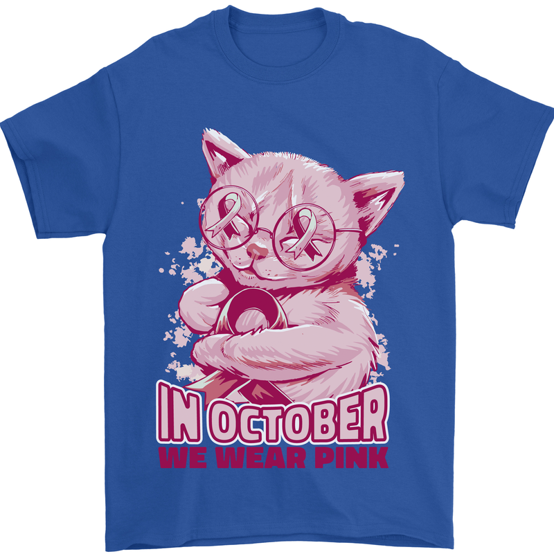 Breast Cancer Awareness October Cat Mens T-Shirt 100% Cotton Royal Blue