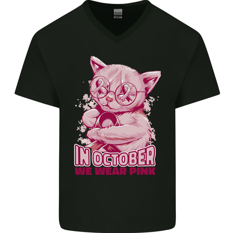 Breast Cancer Awareness October Cat Mens V-Neck Cotton T-Shirt Black
