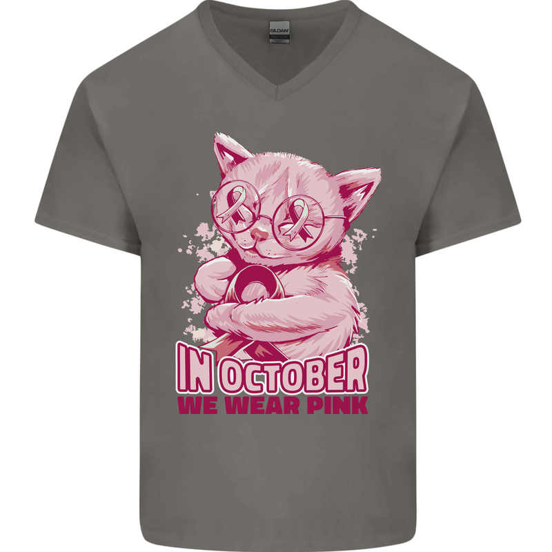 Breast Cancer Awareness October Cat Mens V-Neck Cotton T-Shirt Charcoal