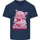 Breast Cancer Awareness October Cat Mens V-Neck Cotton T-Shirt Navy Blue