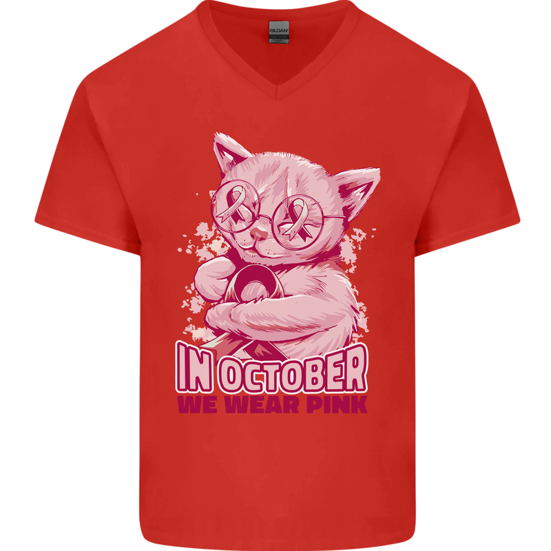 Breast Cancer Awareness October Cat Mens V-Neck Cotton T-Shirt Red