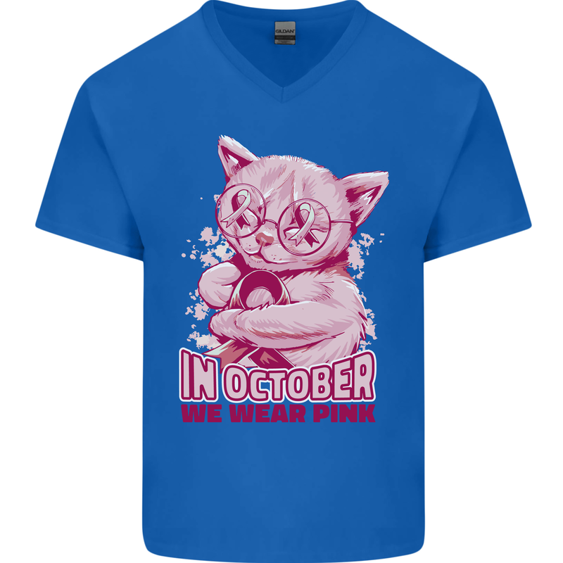 Breast Cancer Awareness October Cat Mens V-Neck Cotton T-Shirt Royal Blue