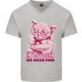 Breast Cancer Awareness October Cat Mens V-Neck Cotton T-Shirt Sports Grey