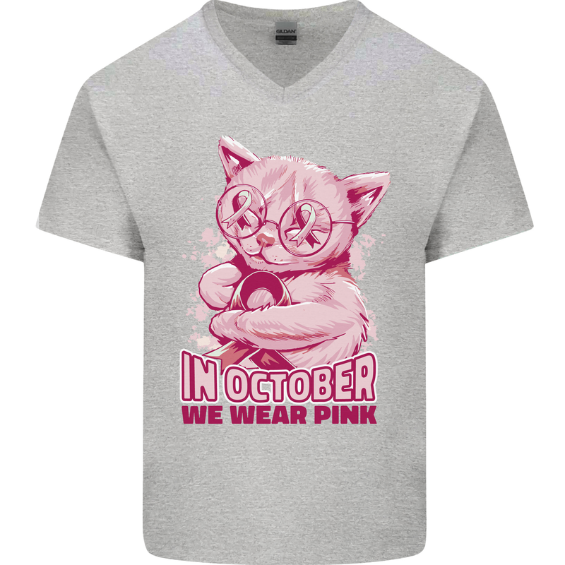Breast Cancer Awareness October Cat Mens V-Neck Cotton T-Shirt Sports Grey