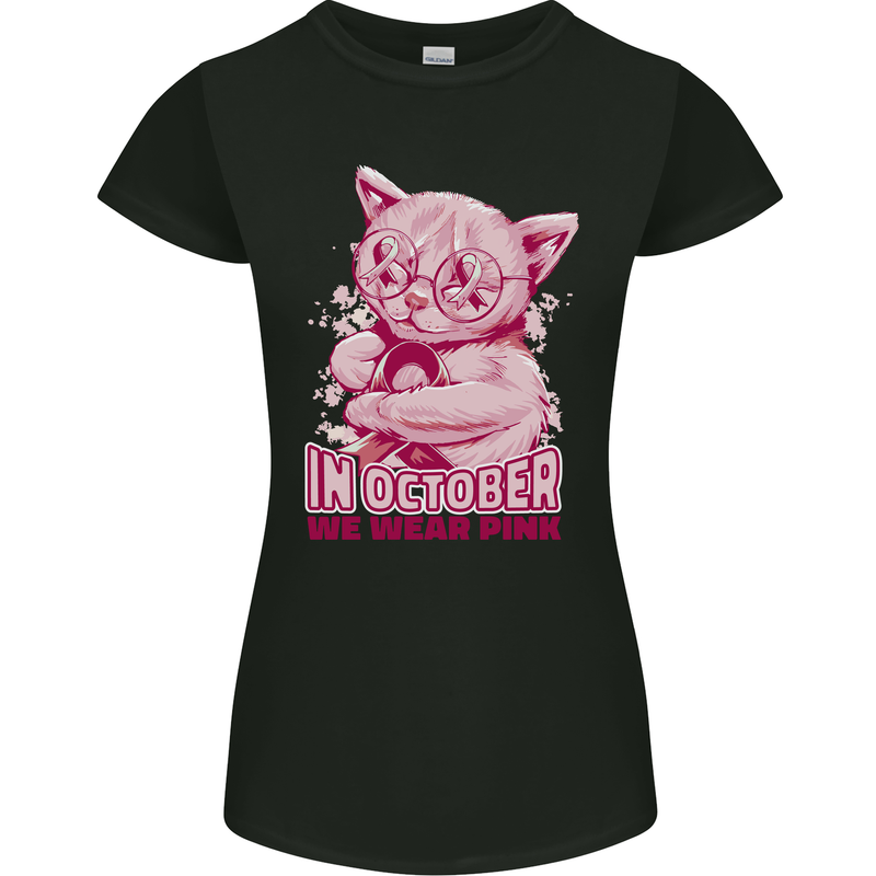 Breast Cancer Awareness October Cat Womens Petite Cut T-Shirt Black
