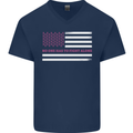Breast Cancer Awareness USA Flag Mens V-Neck Cotton T-Shirt Navy Blue