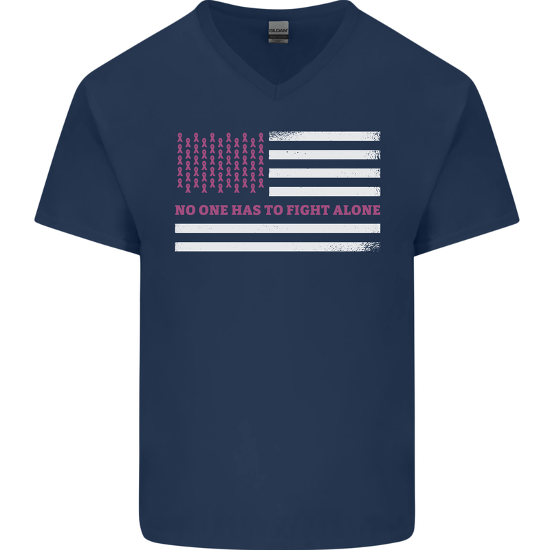 Breast Cancer Awareness USA Flag Mens V-Neck Cotton T-Shirt Navy Blue