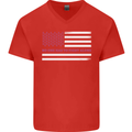 Breast Cancer Awareness USA Flag Mens V-Neck Cotton T-Shirt Red