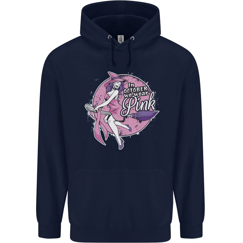 Breast Cancer Awareness Witch Halloween Childrens Kids Hoodie Navy Blue