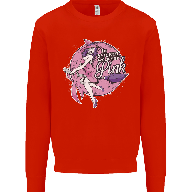 Breast Cancer Awareness Witch Halloween Kids Sweatshirt Jumper Bright Red