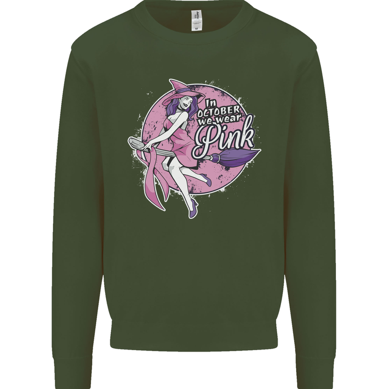 Breast Cancer Awareness Witch Halloween Kids Sweatshirt Jumper Forest Green
