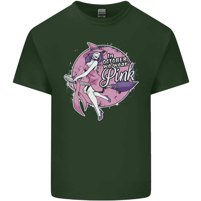 Breast Cancer Awareness Witch Halloween Mens Cotton T-Shirt Tee Top Forest Green