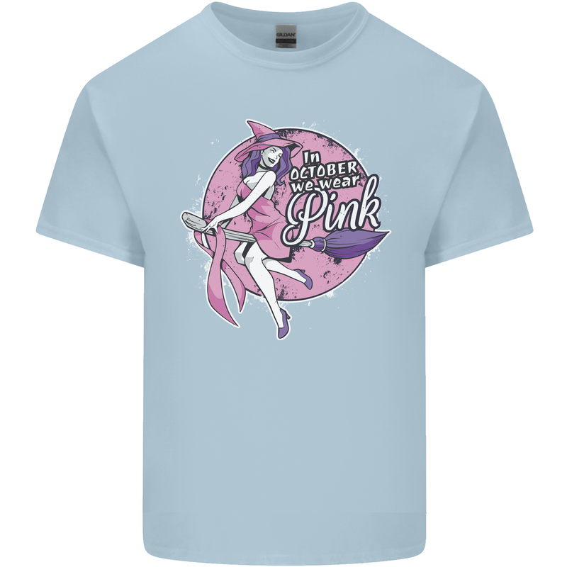 Breast Cancer Awareness Witch Halloween Mens Cotton T-Shirt Tee Top Light Blue