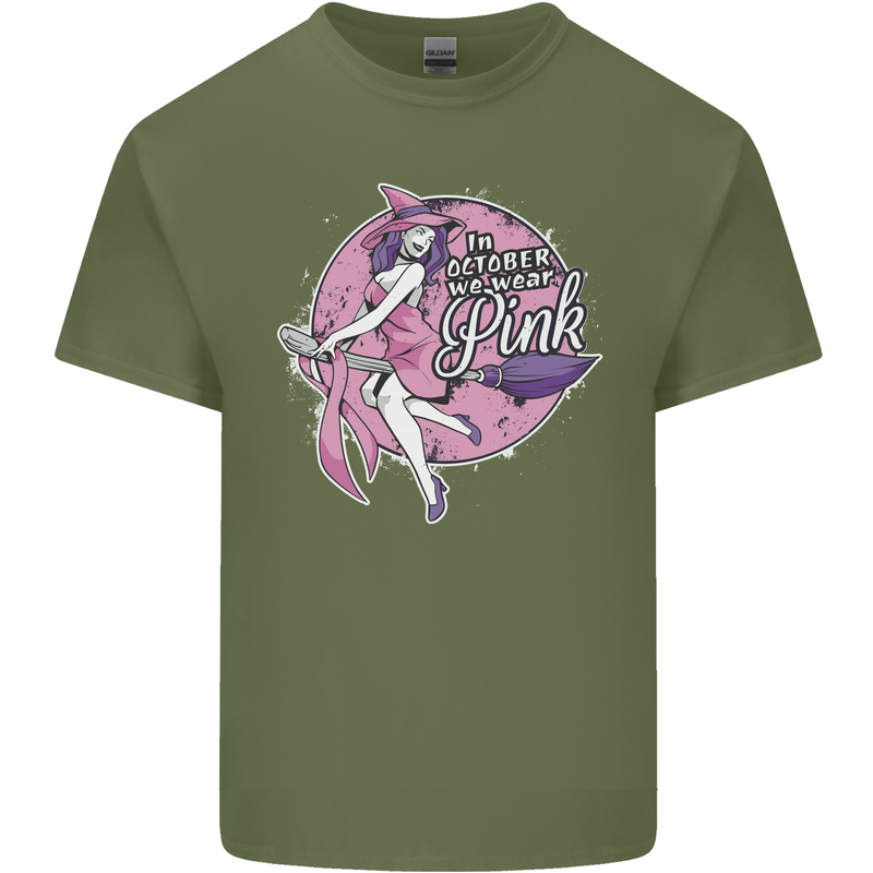 Breast Cancer Awareness Witch Halloween Mens Cotton T-Shirt Tee Top Military Green