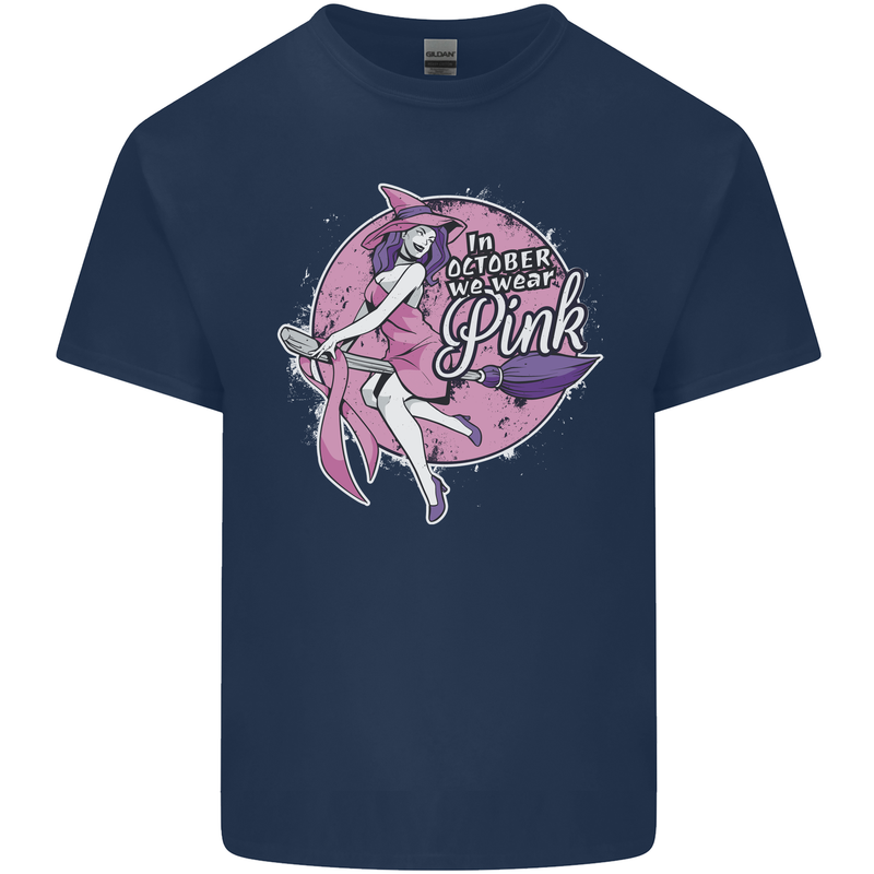 Breast Cancer Awareness Witch Halloween Mens Cotton T-Shirt Tee Top Navy Blue