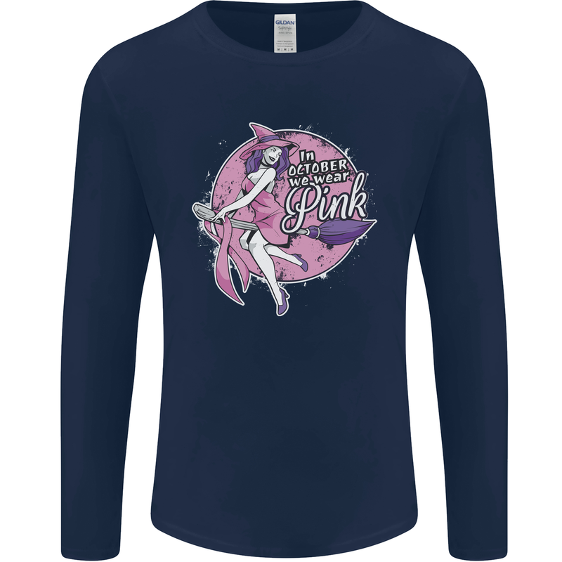 Breast Cancer Awareness Witch Halloween Mens Long Sleeve T-Shirt Navy Blue