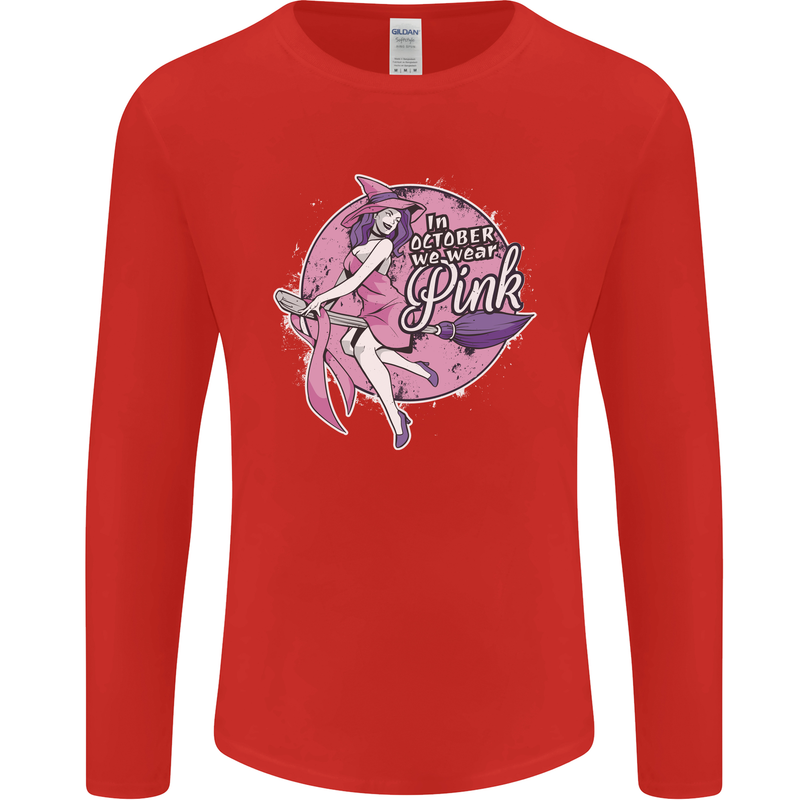 Breast Cancer Awareness Witch Halloween Mens Long Sleeve T-Shirt Red