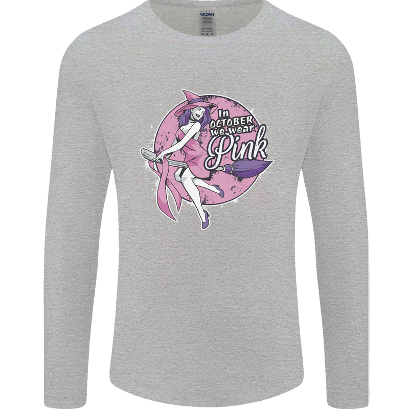Breast Cancer Awareness Witch Halloween Mens Long Sleeve T-Shirt Sports Grey