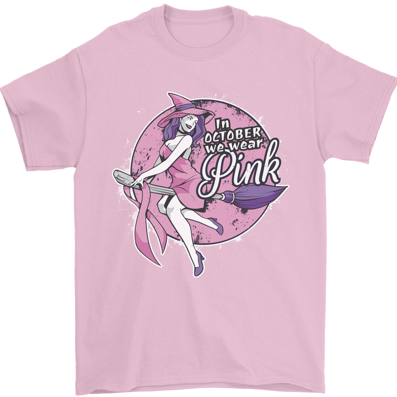 Breast Cancer Awareness Witch Halloween Mens T-Shirt 100% Cotton Light Pink