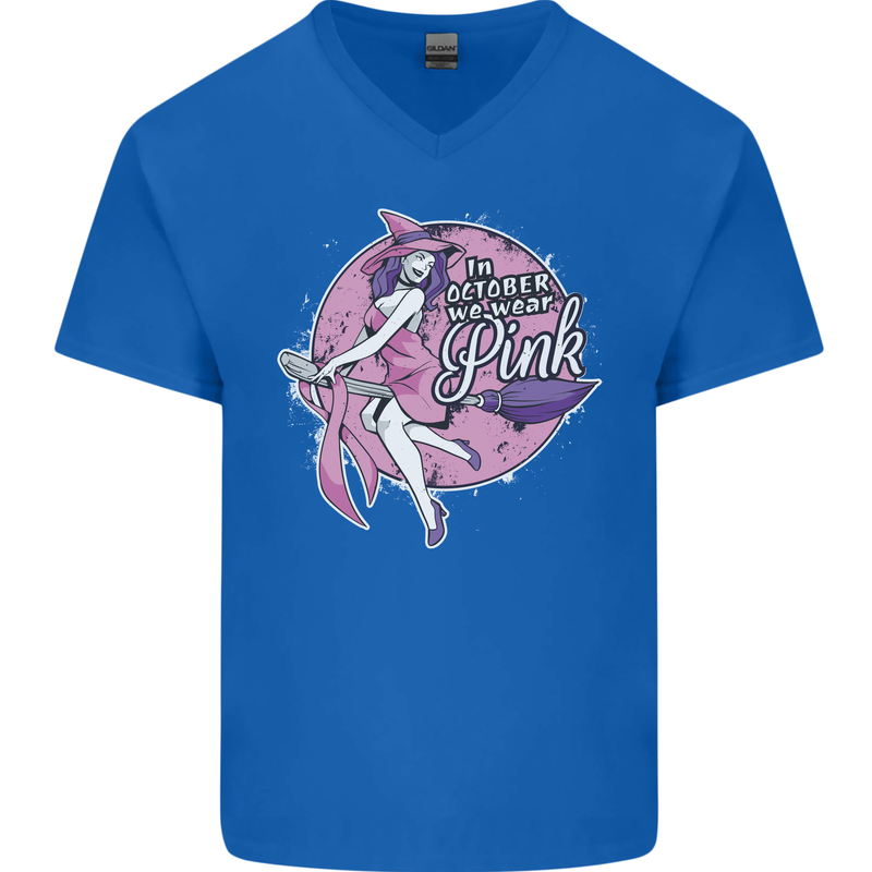 Breast Cancer Awareness Witch Halloween Mens V-Neck Cotton T-Shirt Royal Blue