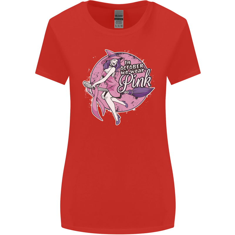 Breast Cancer Awareness Witch Halloween Womens Wider Cut T-Shirt Red