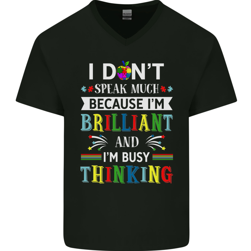 Brilliant & Busy Thinking Autism Autistic Mens V-Neck Cotton T-Shirt Black