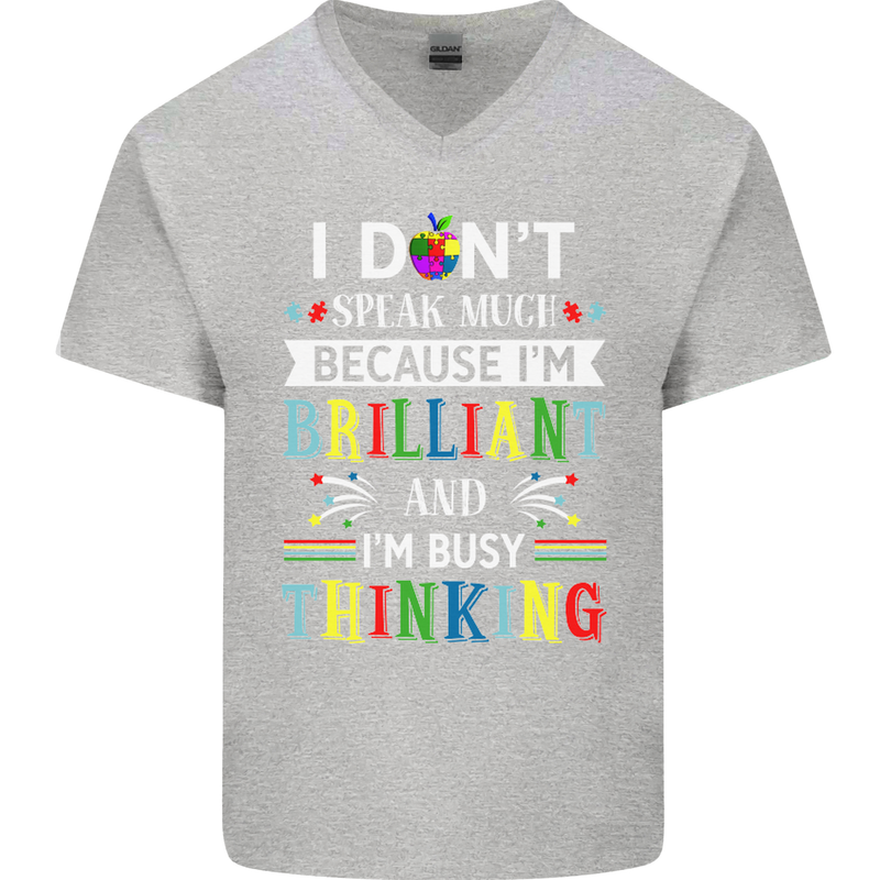 Brilliant & Busy Thinking Autism Autistic Mens V-Neck Cotton T-Shirt Sports Grey