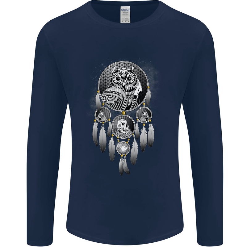 Bring the Nightmare Tribal Owl Skull Gothic Mens Long Sleeve T-Shirt Navy Blue