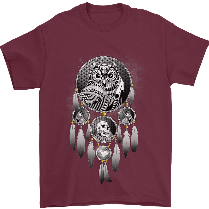 Bring the Nightmare Tribal Owl Skull Gothic Mens T-Shirt Cotton Gildan Maroon