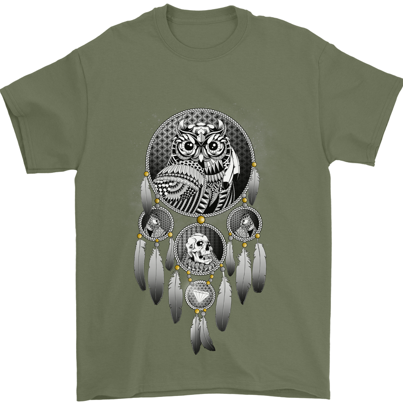Bring the Nightmare Tribal Owl Skull Gothic Mens T-Shirt Cotton Gildan Military Green