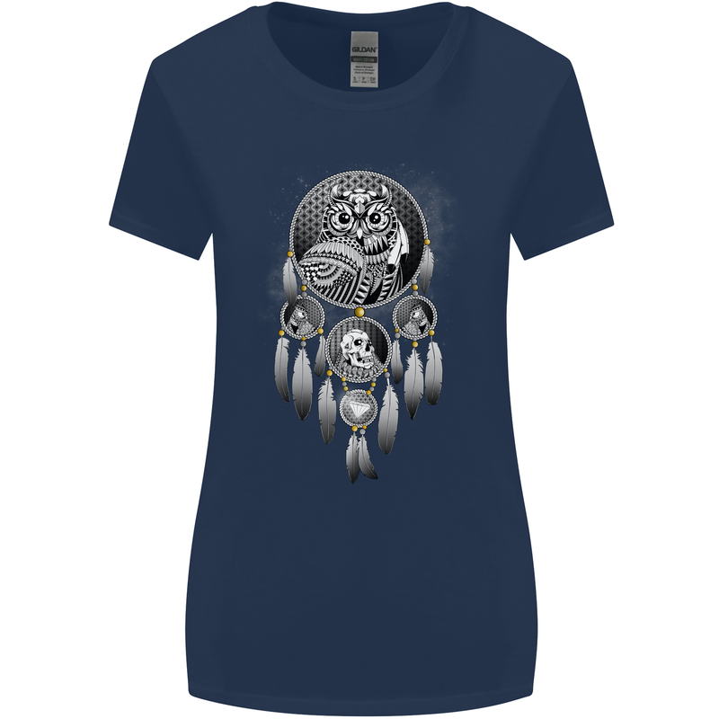 Bring the Nightmare Tribal Owl Skull Gothic Womens Wider Cut T-Shirt Navy Blue