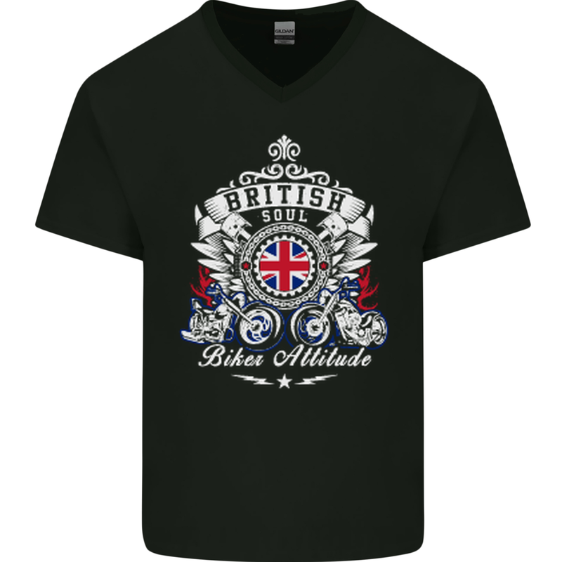 British Soul Biker Motorcycle Motorbike Mens V-Neck Cotton T-Shirt Black