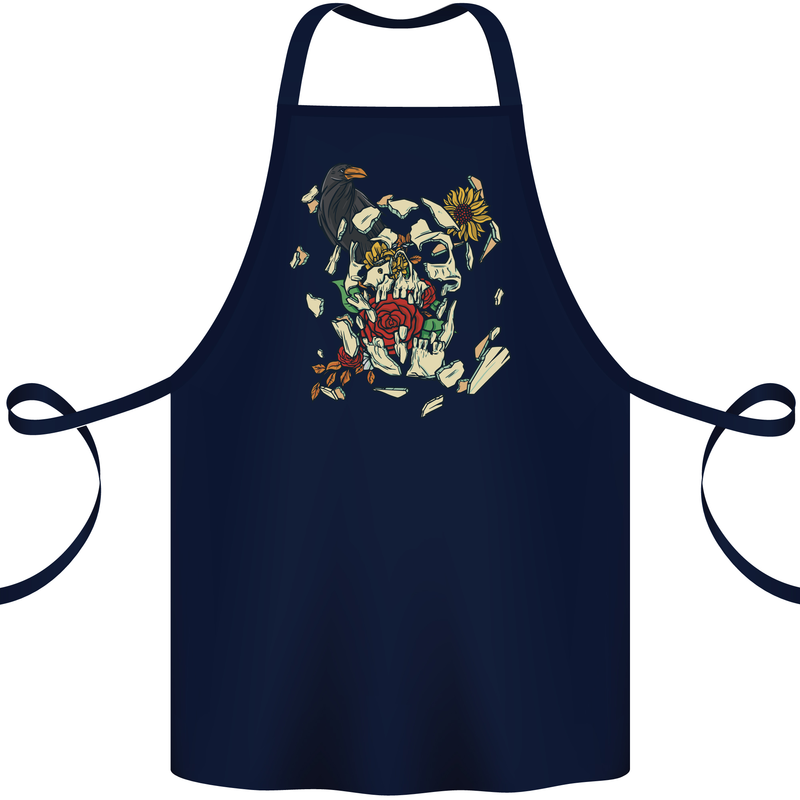 Broken Skull With Roses & Raven Cotton Apron 100% Organic Navy Blue