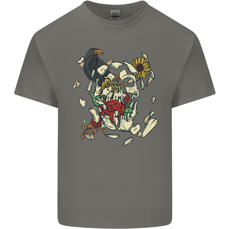 Broken Skull With Roses & Raven Kids T-Shirt Childrens Charcoal