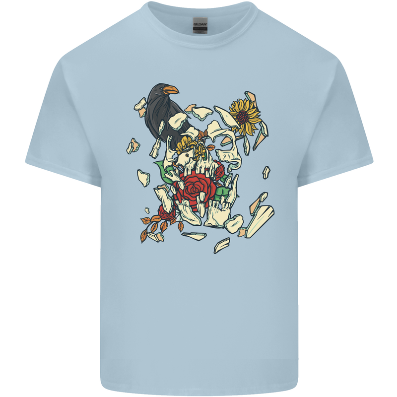 Broken Skull With Roses & Raven Kids T-Shirt Childrens Light Blue
