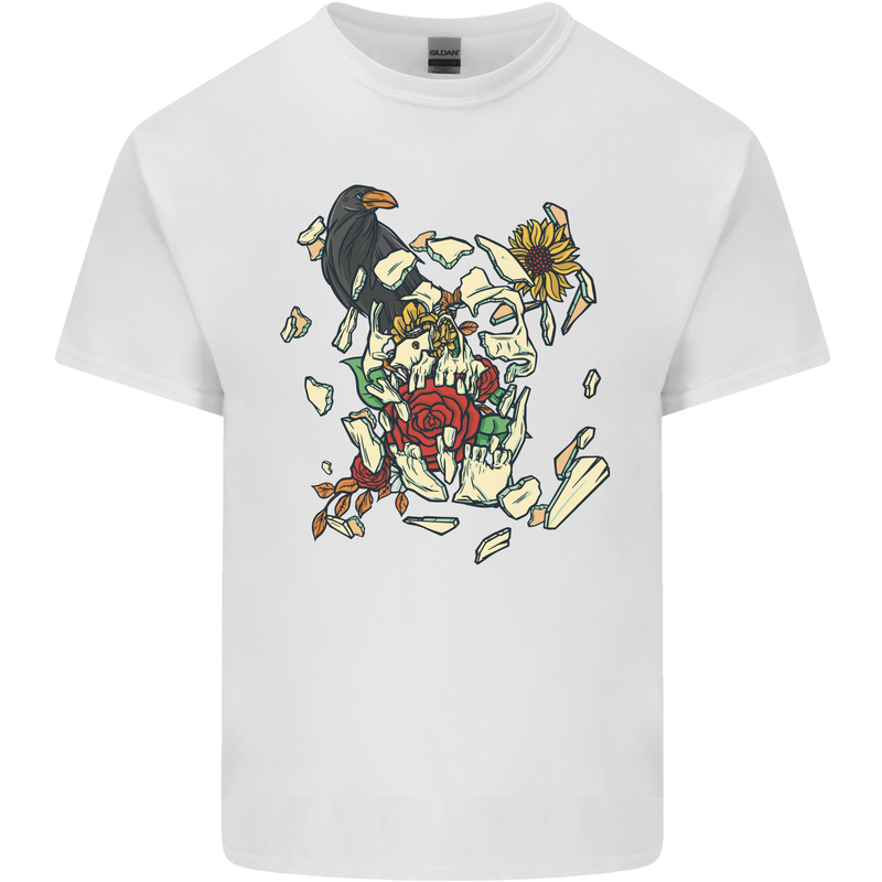 Broken Skull With Roses & Raven Kids T-Shirt Childrens White
