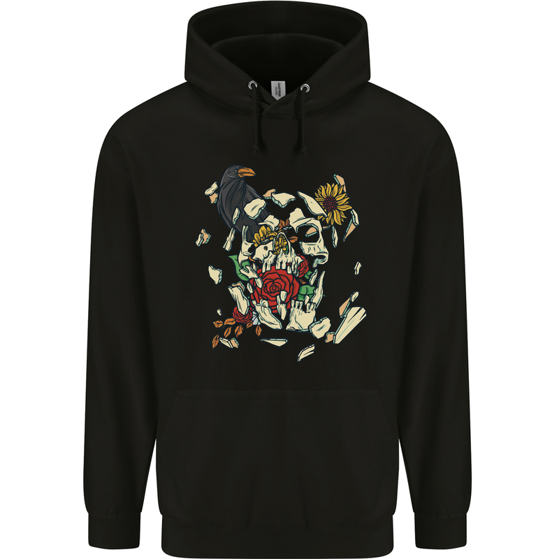 Broken Skull With Roses & Raven Mens 80% Cotton Hoodie Black