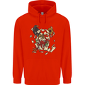 Broken Skull With Roses & Raven Mens 80% Cotton Hoodie Bright Red