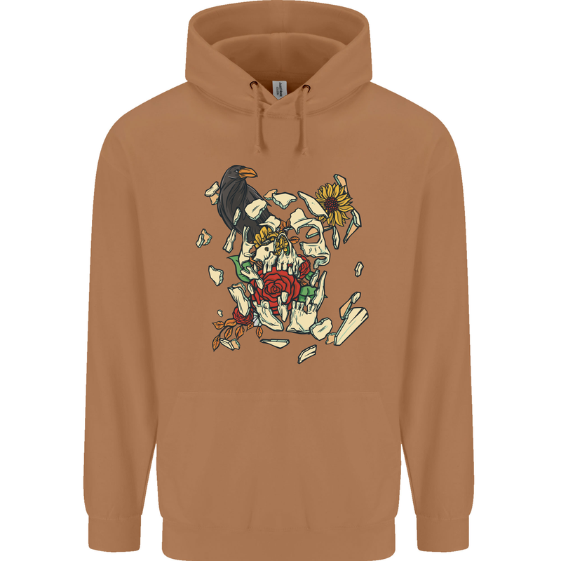 Broken Skull With Roses & Raven Mens 80% Cotton Hoodie Caramel Latte