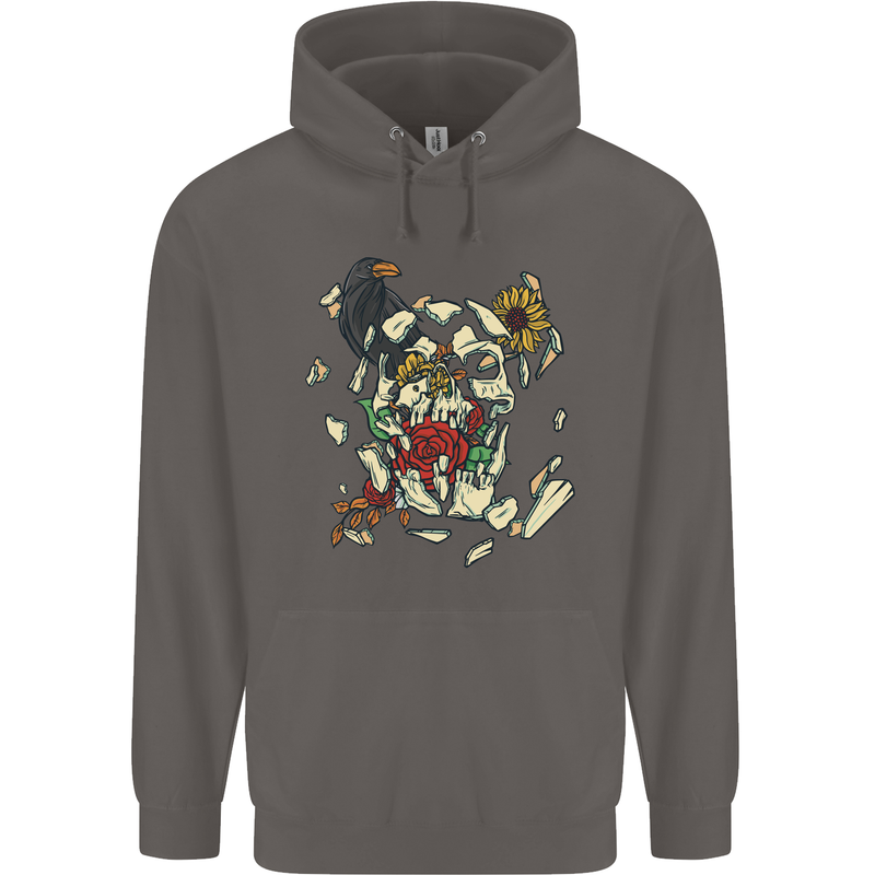 Broken Skull With Roses & Raven Mens 80% Cotton Hoodie Charcoal