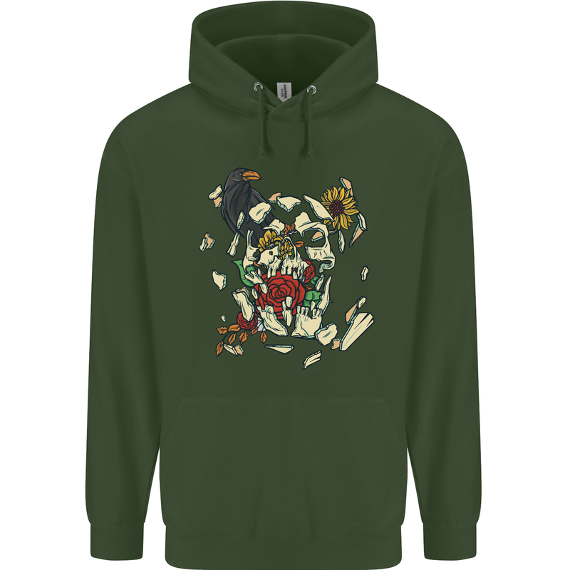Broken Skull With Roses & Raven Mens 80% Cotton Hoodie Forest Green