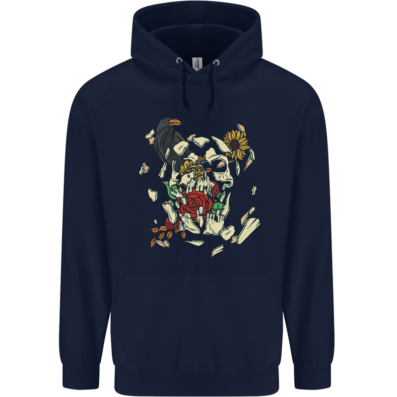 Broken Skull With Roses & Raven Mens 80% Cotton Hoodie Navy Blue