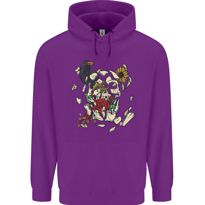 Broken Skull With Roses & Raven Mens 80% Cotton Hoodie Purple